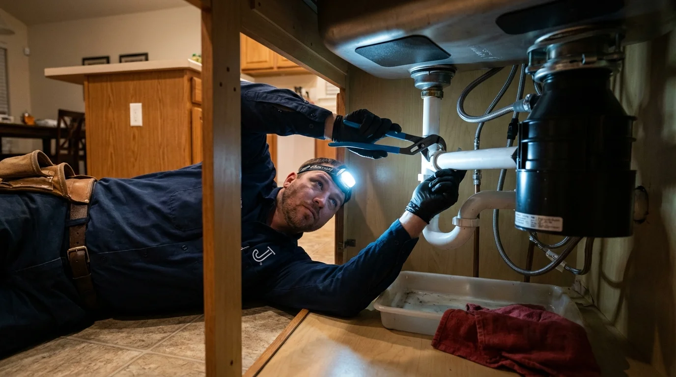 P-trap and supply line connections under a kitchen sink showing a common leak point in Mabton, WA